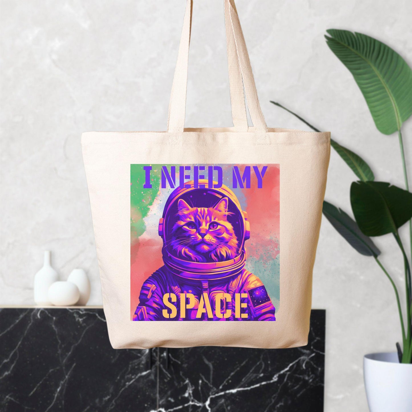 I Need My Space Astronaut Cat Oversized Canvas Tote Bag - Pet Pride Tees