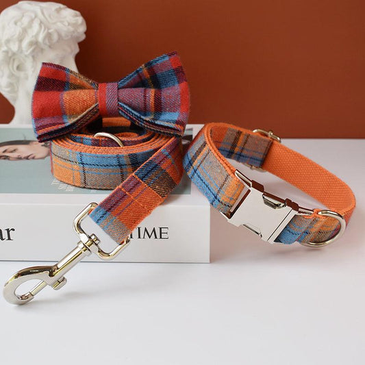 Orange Plaid Velvet Collar, Bow, & Leash Set - Pet Pride Tees