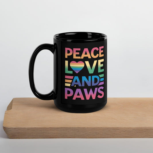 Peace, Love, and Paws Black Glossy Mug - Pet Pride Tees